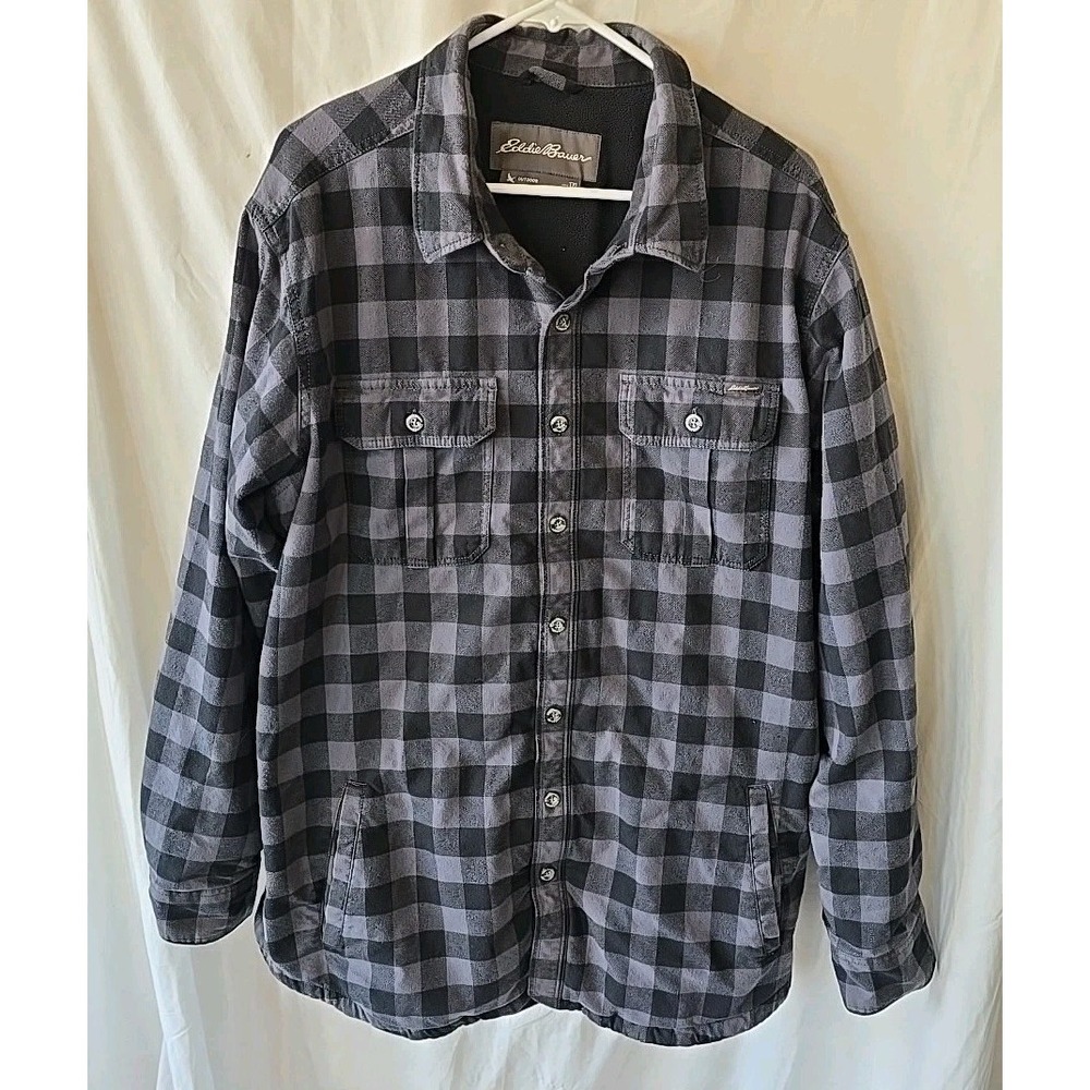 Vtg Eddie Bauer Outdoor Fleece Lined Gray/black Long Sleeve Buttonup Shacket TXL